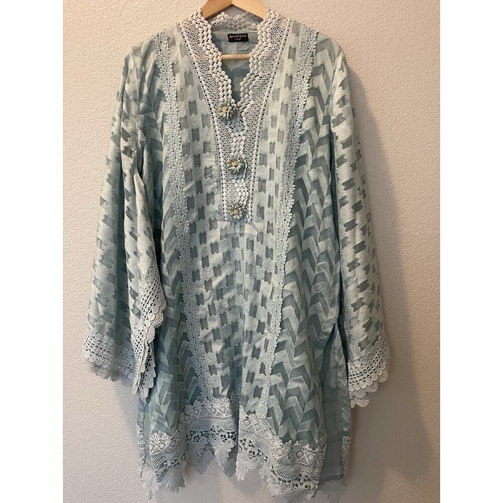 Agha Noor Light Blue Kimono Sleeve Top Dress Size Large Flowers Lace